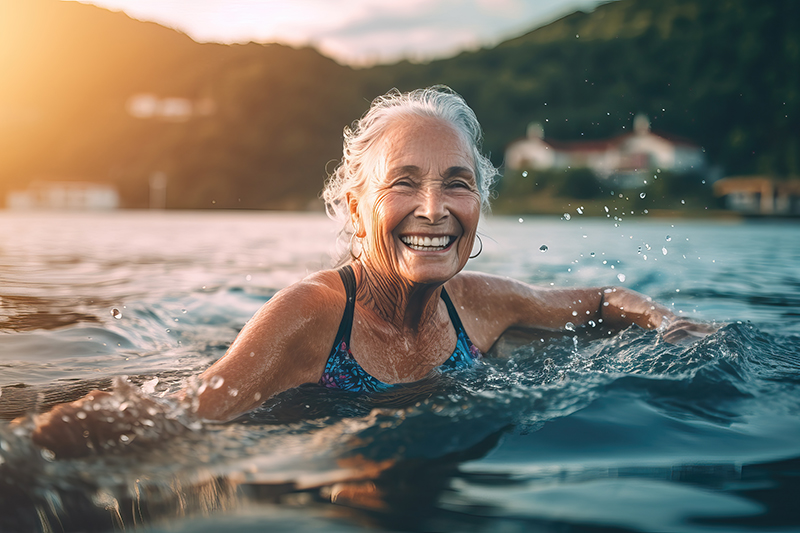 portrait of older woman swimming in lake