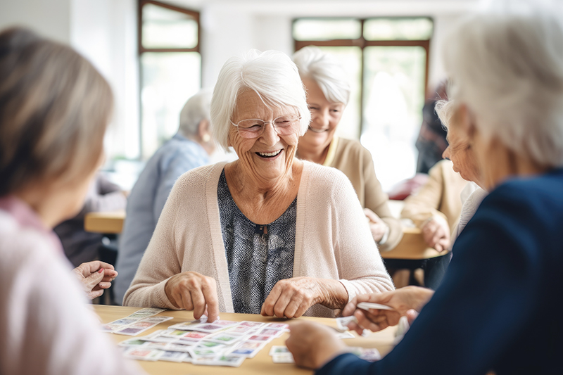 Senior women socializing and playing a table game
